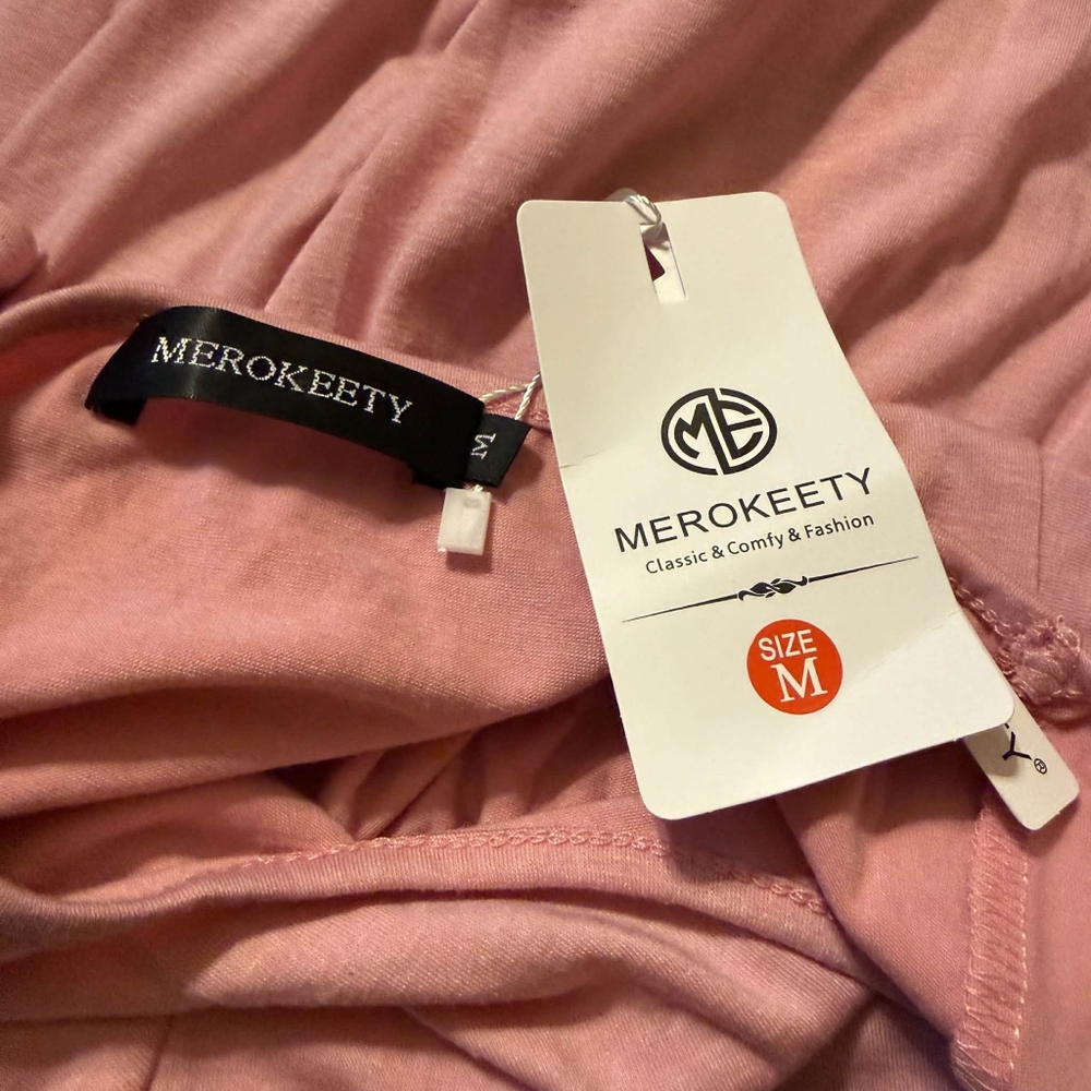 NWT Merokeety Pink Flutter Sleeve Crochet Crew Flowy Tiered Shirt Dress Maxi M - Picture 8 of 11